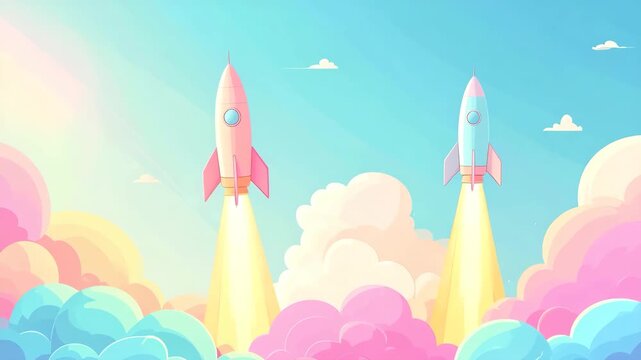 Two rockets launching upwards with pastel colors against a dreamy sky