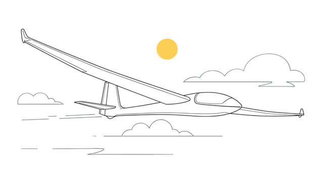 Minimalist line drawing of a glider airplane soaring through the sky with clouds and a simple yellow sun in the background scene.