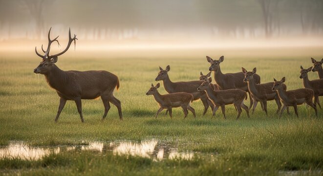 Majestic Stag Leading a Herd of Deer Through a Misty Meadow at Dawn