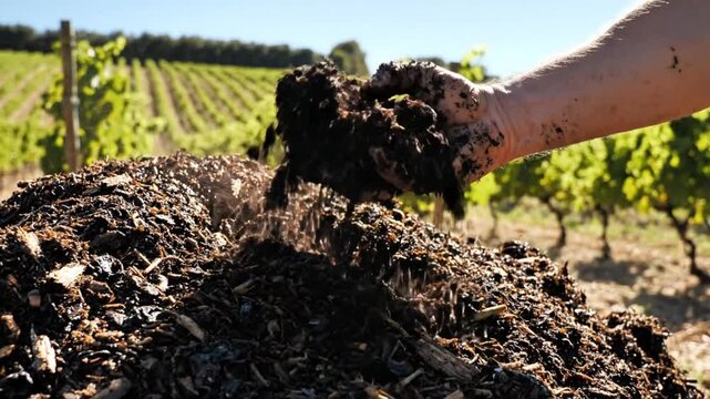 Hand reaching into a pile of compost on a sunny day in a vineyard with rows of grapevines