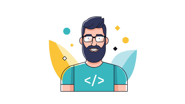 Cartoon style portrait of a friendly male computer programmer with a beard and glasses wearing a shirt with coding symbols.