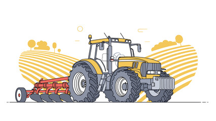 Obraz premium Detailed illustration of a modern yellow agricultural tractor pulling a plow across a vast golden farmland field under a clear sky.