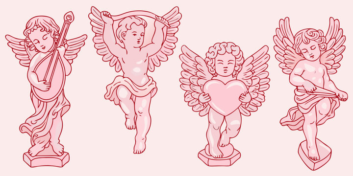 Four cherubic angels with musical instruments and a heart illustration