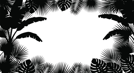 Tropical palm leaves create a decorative border stark black silhouette © MDALTUFHOSAIN