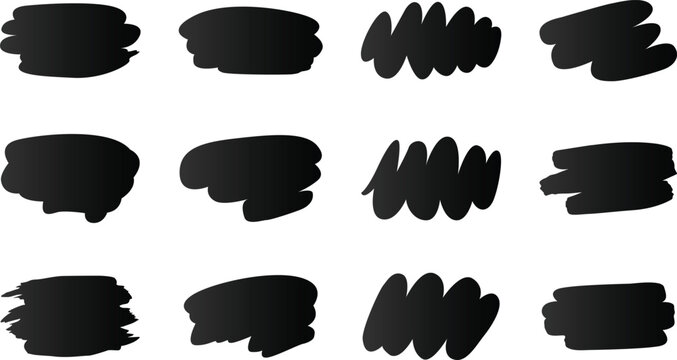 Black brush stroke shapes set abstract paint swash scribble ink smear grunge brushstroke vector elements hand drawn strokes design overlays banners textures graphics