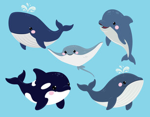 Cute cartoon sea animals set with whale dolphin orca and stingray © Ольга Кухта