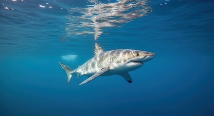 Fototapeta premium Underwater Image of a Shark Swimming Through the Ocean in Clear Blue Water