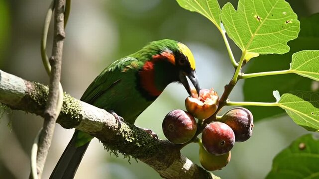 Colorful Coppersmith Barbet Bird Perched on Branch, Eating Ripe Figs in Natural Habitat with Green Leaves in Background