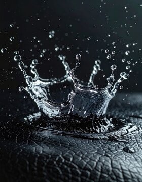 Dramatic high-speed photograph capturing a crown splash of clear water against a dark, textured background.