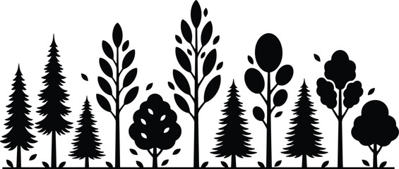 Tree silhouette icons, forest biodiversity, coniferous and deciduous canopy, botanical illustration, ecology concept, outdoor nature scenery design © Sabina