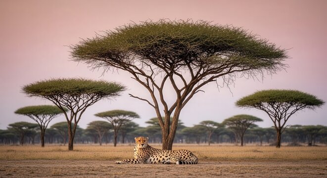 Serene African Savannah Landscape Featuring Cheetahs Resting Beneath Acacia Trees
