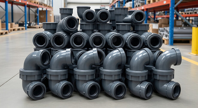 Assorted stack of dark gray CPVC pipe fitting components with socket ends stored in a large industrial warehouse conveying professional plumbing hardware and heavy infrastructure supply materials.
