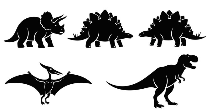 Dinosaur Silhouettes Set: T-Rex, Triceratops, Stegosaurus, and Pterodactyl Icons