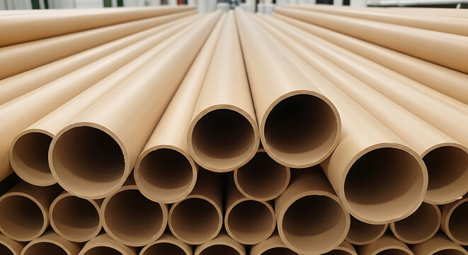 Organized stack of beige CPVC plastic pipe segments showing smooth interior surface and circular cut ends representing professional industrial plumbing supply materials for construction projects.