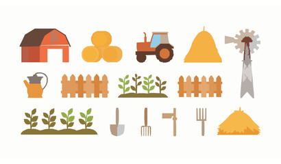 Agriculture farm icons set with barn tractor hay windmill and rural village elements vector © MDRajiur