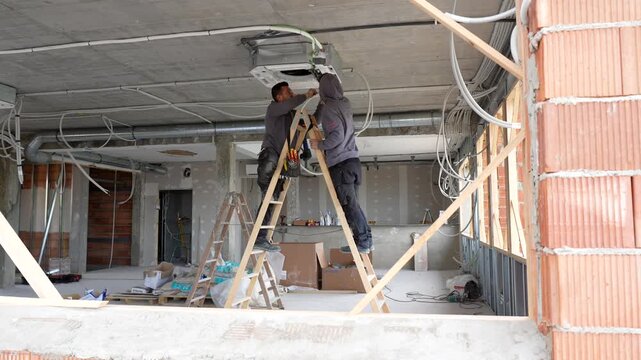 Two skilled hvac technicians working together on a wooden ladder to install a ceiling mounted air conditioner unit during the renovation of a new building, connecting pipes and wiring systems