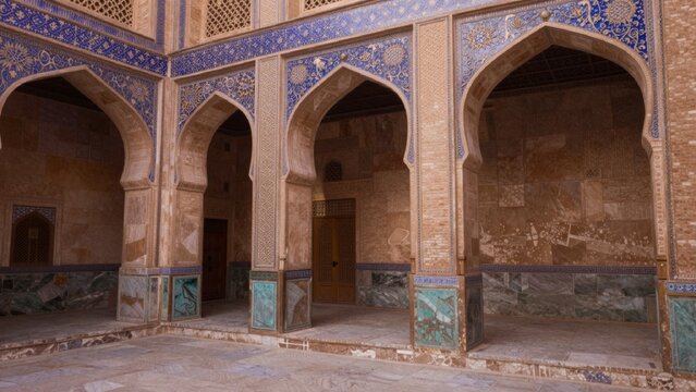 Interior mosque specifically mausoleum imam khomeini located samarkand uzbekistan walls intricately decorated blue white tiles fea