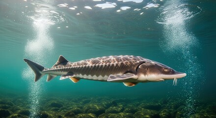 Fototapeta premium Underwater Scene Featuring a Large Sturgeon Fish Swimming in Clear Blue Water