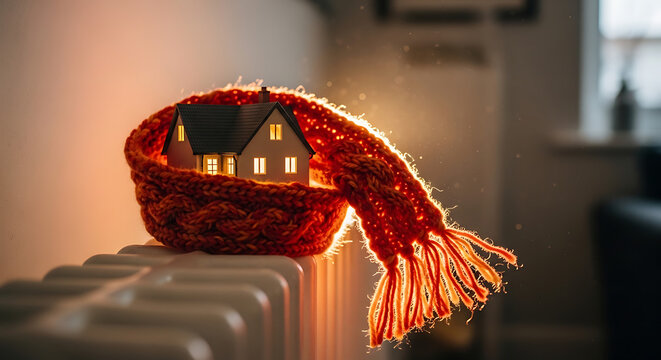Miniature architectural home model wrapped in a cozy wool scarf placed on a heating radiator, conceptualizing home energy efficiency audit, thermal insulation, and utility cost saving.