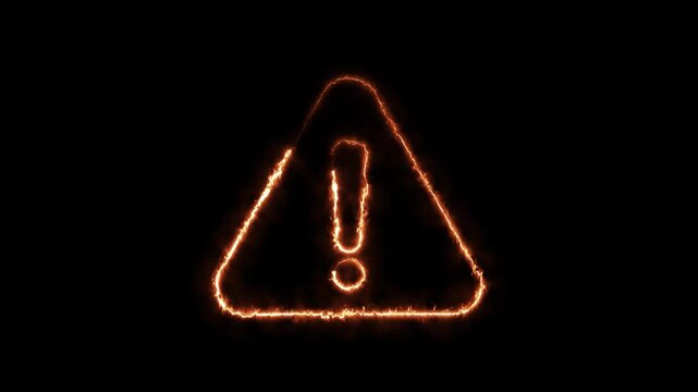 fire burning Warning exclamation mark icon on black background, animated caution triangle with glowing flames.