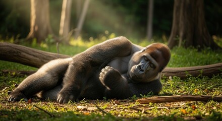 Relaxed Western Lowland Gorilla Resting on Forest Floor in Natural Habitat