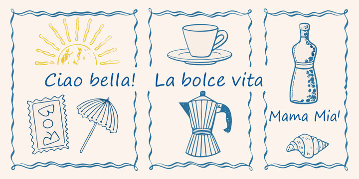 Italian themed doodles with sun coffee wine and phrases