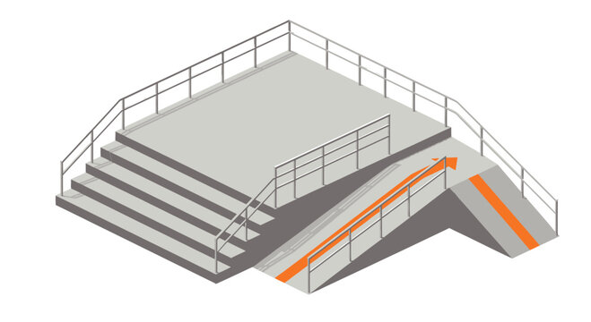 Isometric Illustration of Accessible Pedestrian Overpass with Stairs and Ramp.
