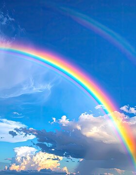 Vibrant Double Rainbow Arching Across a Brilliant Blue Sky with Dramatic Clouds Below