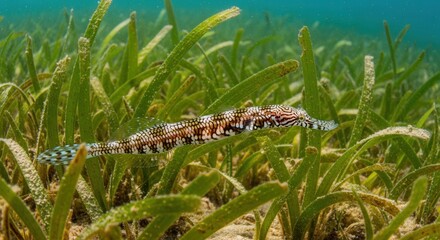 Obraz premium Underwater View of a Camouflaged Lizard Among Sea Grass in Natural Habitat