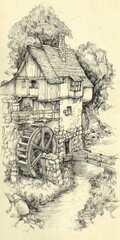 Naklejka premium A detailed pencil sketch of an old watermill, with a waterwheel and a small stream