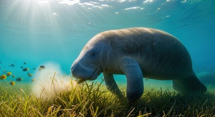Underwater View of a Large Beluga Whale Gliding Near River Bed with Sunlight