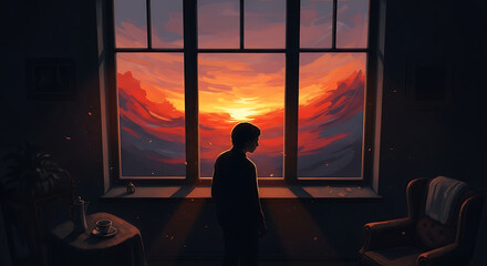 Moody silhouette of a solitary figure peering through a glass window at a vibrant abstract sunset, capturing themes of isolation, quiet reflection, and profound longing in a conceptual art style.