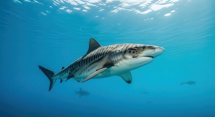 Fototapeta premium Underwater Scene Featuring a Shark Swimming in Clear Ocean Waters
