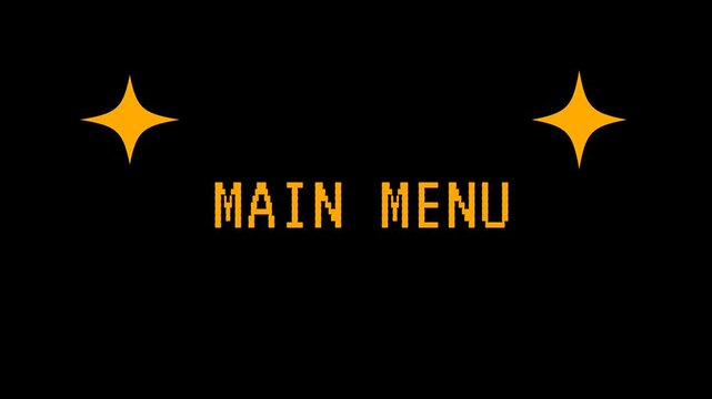 Retro pixel art main menu title screen with sparkling stars on a black background. 4K video animation for video game