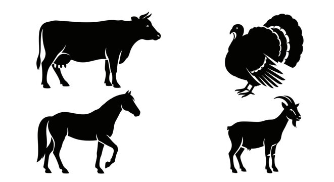 Farm Animals Silhouettes Set: Cow, Turkey, Horse, and Goat Vector Icons