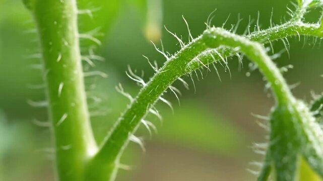 Close up of a fuzzy green tomato plant stem with new growth.
