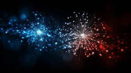 Obraz premium Gorgeous fireworks reflected in the water in the color of the American flag. Election Day in the USA. America Day. Festive Mood on President's Day