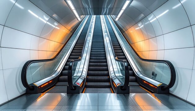 Symmetrical view of modern escalators ascending in a clean, illuminated underground transit station.