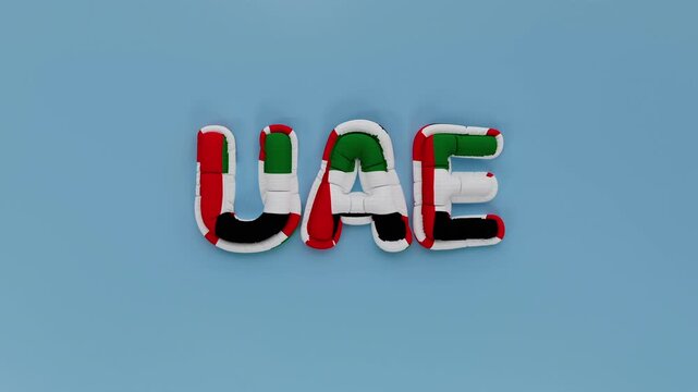 UAE flag bubble 3D text, beautiful bright word, parachute sport, real estate balloon 3D animation United Arab Emirates