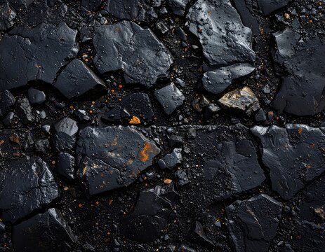 Close-up view of cracked, wet, black asphalt or coal fragments with subtle golden speckles.