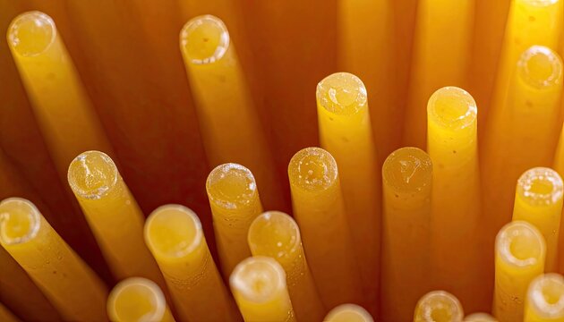 Macro photograph capturing the texture and color of uncooked tubular pasta.