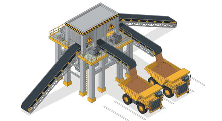 Isometric Mining Operation with Conveyor Belts and Dump Trucks. © Truk
