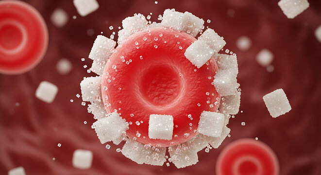 Red blood cell erythrocyte surrounded by white sugar cubes representing chronic diabetes risk hyperglycemia and glucose impact on health medical concept 3D rendering illustration.