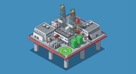 Obraz premium Isometric Offshore Oil Rig Platform with Helipad and Industrial Structures.