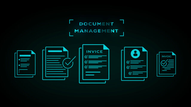 Document management system concept with various document like invoices and profiles arranged in a row with glowing cyan outlines on a dark background and the words DOCUMENTMANAGEMEN