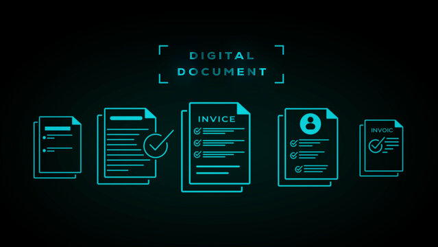 Digital document representing various forms of paperwork including invoices and personal profiles displayed in a horizontal line against a dark background with glowing cyan outlines and the words D