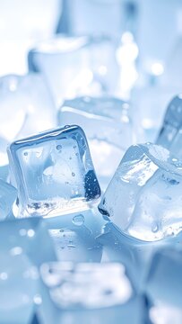 Close-up of sparkling, melting ice cubes with a cool blue aesthetic.