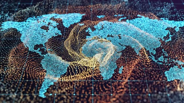 A stylized illustration of a world map with swirling patterns of blue, gold, and brown dots on a dark background, representing global connections on World Population Day.