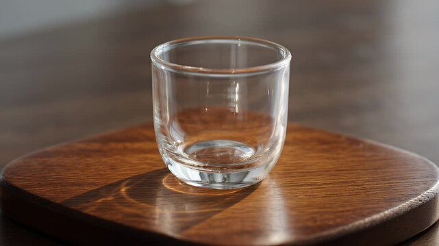 A clear, round glass tumbler sits on a polished wooden surface, catching light