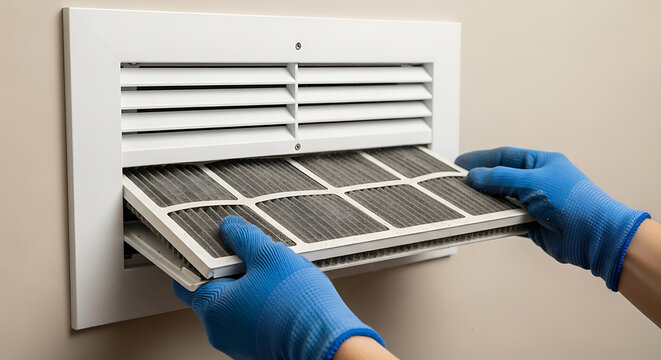 Professional technician replacing clogged dusty air filter in residential hvac return grille as part of routine maintenance for clean indoor home ventilation and better quality air flow.